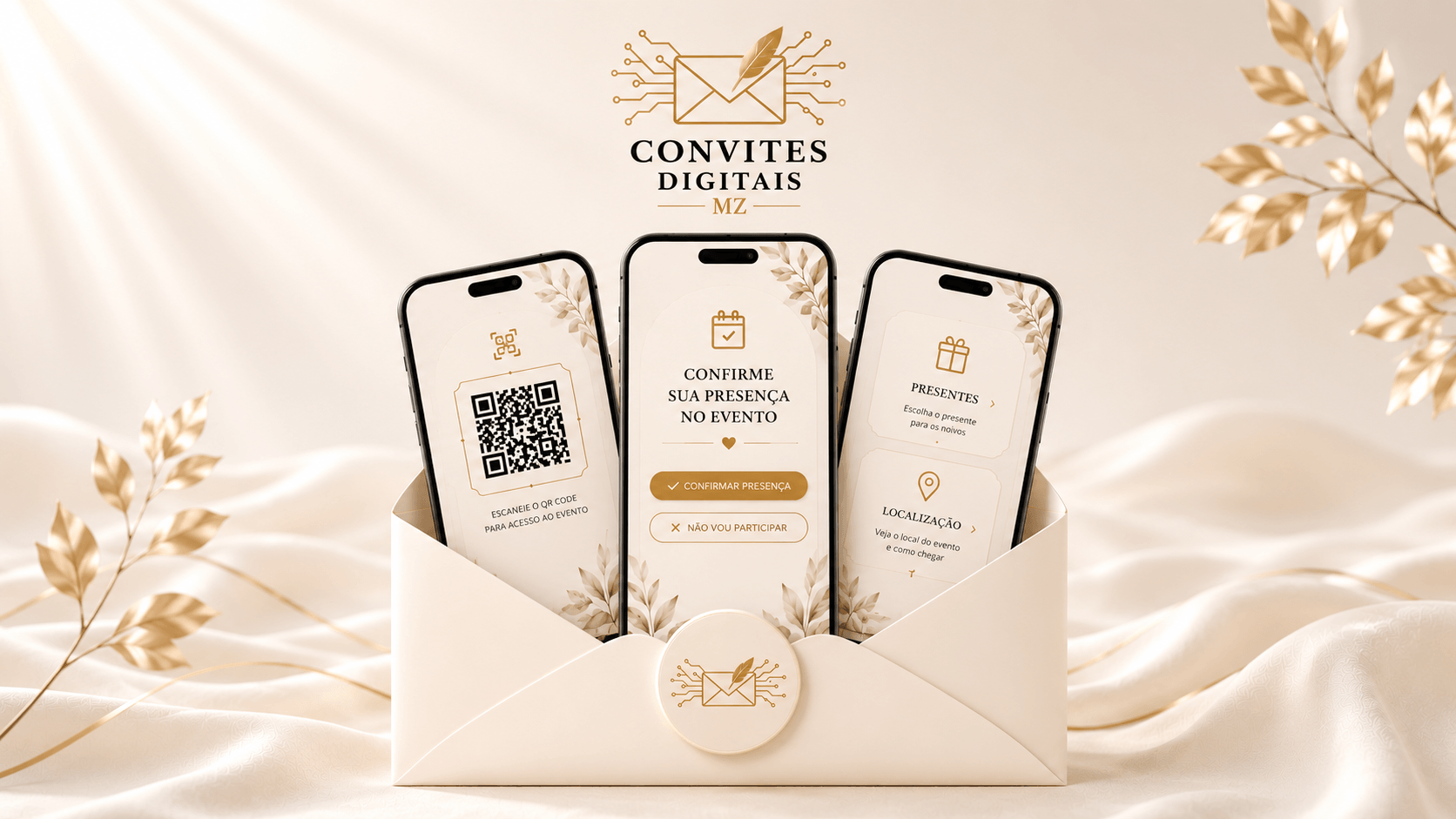 Três telemóveis num envelope mostrando um convite digital com QR code, confirmação de presença, presentes e localização